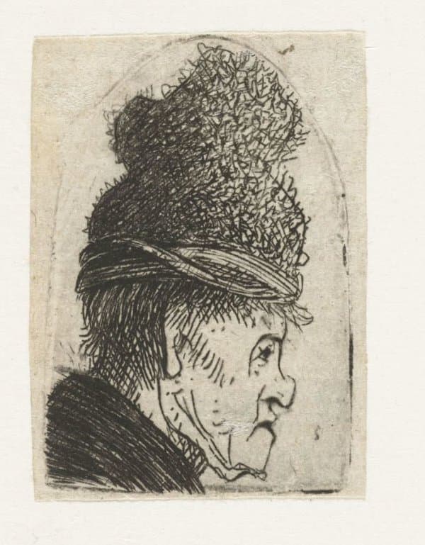 Grotesque profile: man in a high cap — Rembrandt van Rijn