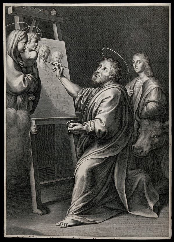 Saint Luke, painting a picture of the Virgin, watched by the painter Raphael. Engraving by Cornelis Bloemaert. — Cornelis Bloemaert Raphael