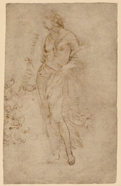 Female Figure with a Tibia, and Ornamental Studies (recto); Ornamental Studies (verso) — Raphael